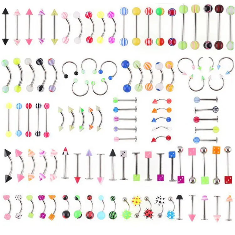 105 unids/set ceja del ombligo lengua pezón anillos de acero inoxidable de colores de acrílico cuerpo Piercing Kit de barra de anillos en la nariz