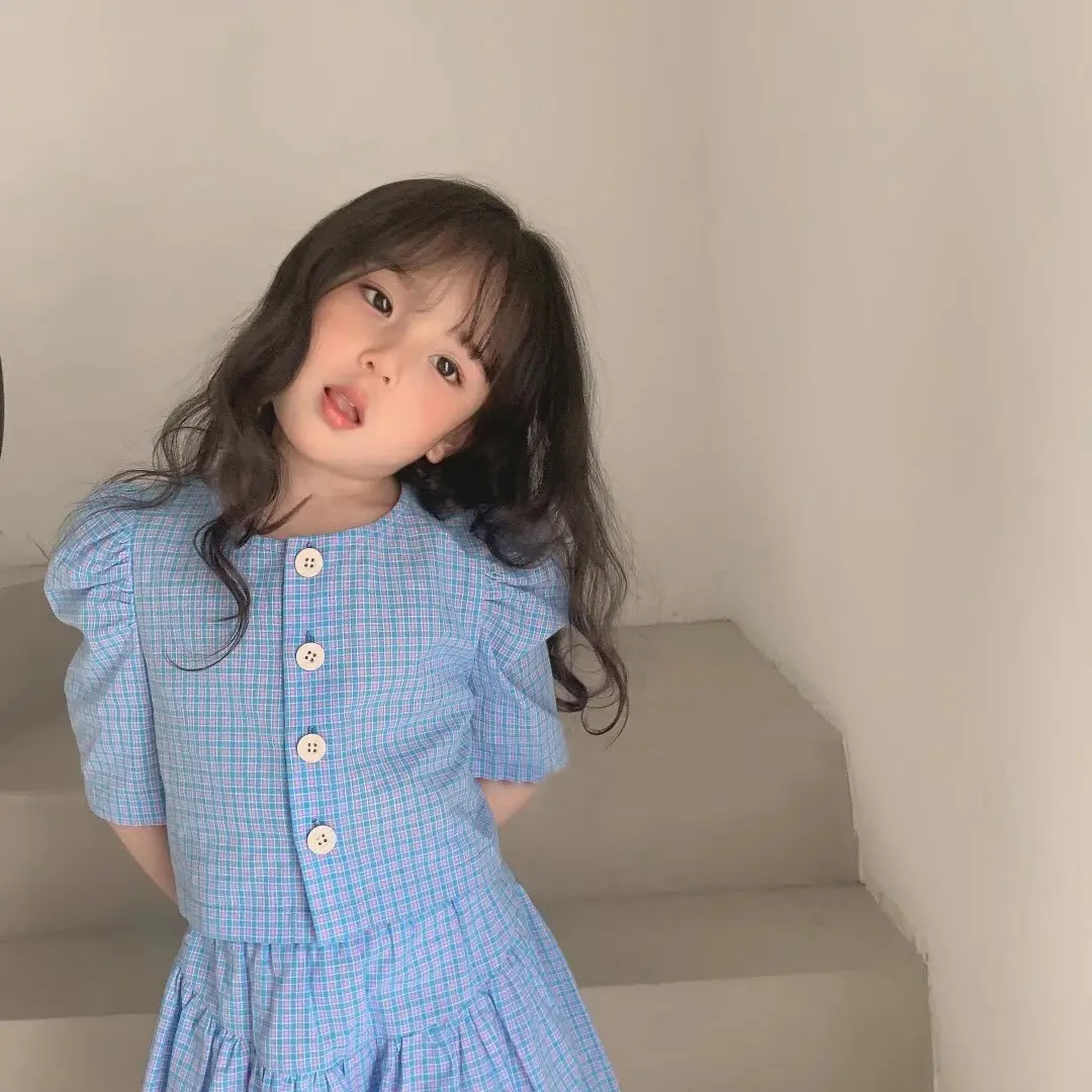 Summer Girls' Clothing Sets Temperament Plaid Short-Sleeved Shirt Top+Wide Skirt Pants 2Pcs Baby Kids Children Clothes Suit