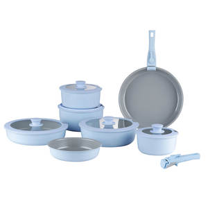 E-TOP Ensemble de batterie de cuisine en aluminium bleu clair 14 pièces, personnalisable, compatible induction, forgé, comprenant poêle à frire, sauteuse et casserole, vente en gros - Product Image 1