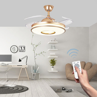 Ventilateur de plafond rétractable de luxe de 48 pouces avec 4 pales invisibles, finition or-noir, lumière LED et télécommande intelligente