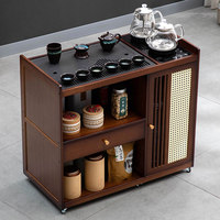 Table à thé mobile en bambou avec bouilloire intégrée, table basse avec rangement et roulettes pour usage domestique et balcon