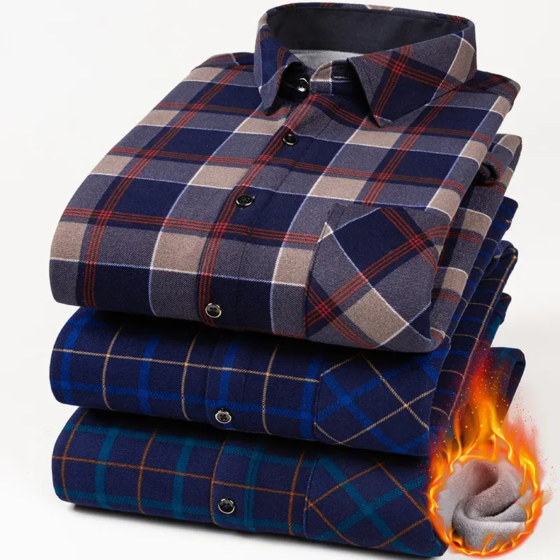 Fashionable new plaid polyester thickened warm comfortable men's long-sleeved winter casual shirt for outdoor