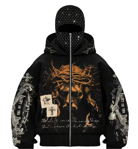 Sweat à capuche pour homme en molleton 100% coton avec logo personnalisé OEM, design à double capuche, fermeture éclair double couche, fermeture éclair intégrale, capuche masquée - Product Image 1