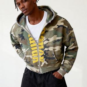 Sudadera con capucha de algodón 100% para hombre, estilo vintage, con cremallera, lavado ácido, estampado de camuflaje, con cuentas, serigrafía, efecto desgastado, corte cropped y holgado, ideal para primavera. - Product Image 1