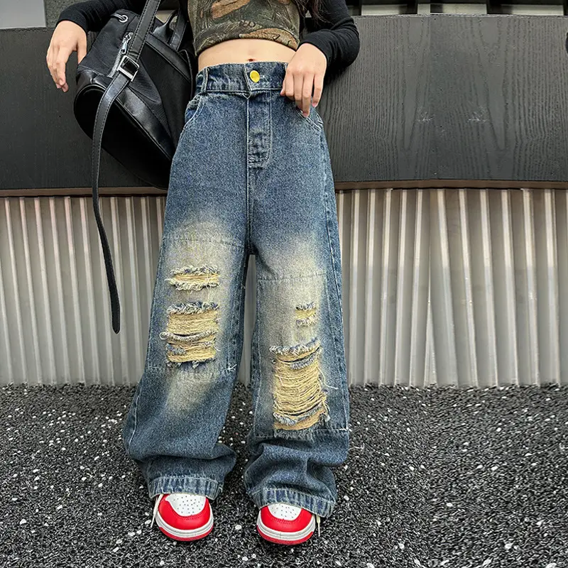 2023 New Fall Youths Girls Fall Ripped Washed Blue Jeans 5-15 Years