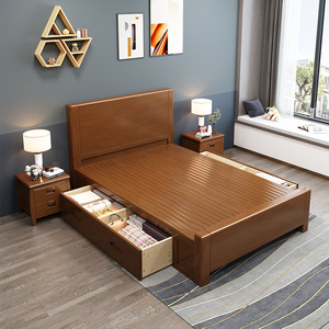 Lit en bois massif de style chinois avec rangement, 1,8 m, meubles de chambre à coucher pour adultes et personnes âgées - Product Image 1