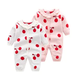 Custom Logo Baby Girls Rompers Cherry Pattern Long Sleeve Knitted Infant Clothes Spring Autumn Newborn Baby Rompers