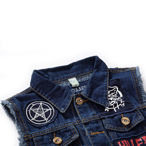 Gilet in Denim OEM/ODM per <span class=keywords><strong>Uomo</strong></span>, <span class=keywords><strong>Blu</strong></span> Scuro Senza Maniche con Patchwork e Graffiti, Produzione all'Ingrosso, Basso MOQ, Spedizione Rapida - Product Image 4