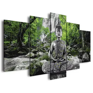 Buddha Statue Frame 5 pannelli soggiorno decorazione paesaggio moderno cascata albero Zen Stretch buddha canvas wall art painting