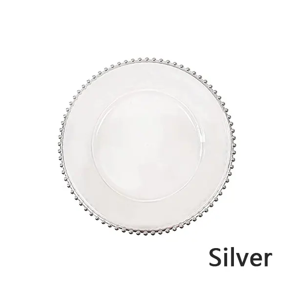 Vente en gros 13 pouces sous l'assiette en plastique transparent argenté de table élégantes assiettes de présentation perlées à bordure en or rose pour mariage