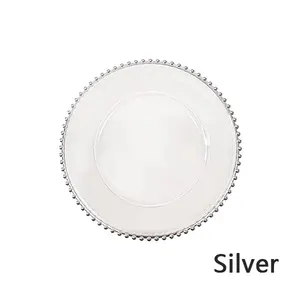 Venta al por mayor 13 pulgadas cena debajo del plato plástico transparente plata Mesa elegante con cuentas de oro rosa borde cargador placas para la boda