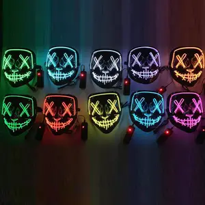 Masker pesta bersinar topeng LED Halloween kata-kata hitam 2023 Diskon Besar Halloween PVC Logo kustom ramah lingkungan OEM 2 buah tas Opp + karton