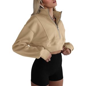 Custom Women's Half Zip <b>Cropped</b> Sweatshirt <b>Long</b> <b>Sleeve</b> Casual <b>Top</b> With Thumb Hole Anti-Wrinkle 100% Cotton Knitted Fabric - Product Image 3