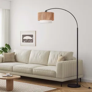 Lampe sur pied noire, lampe sur pied à arc à brancher, lampe sur pied en rotin, lampe sur pied LED moderne avec interrupteur au pied pour salon - Product Image 5