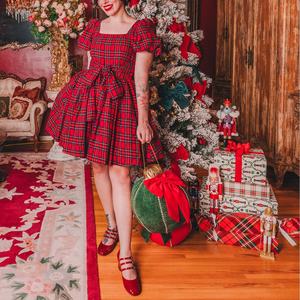 Vestido Navideño de Algodón a Cuadros Rojos de Manga Corta, Vestido de Verano para Mujer - Product Image 1