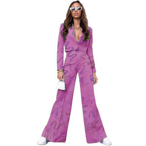 Solid Color Short Long Sleeve High Waisted Wide Leg Pants Women's Suit 2 Piece <b>Set</b> Fashion - Product Image 4