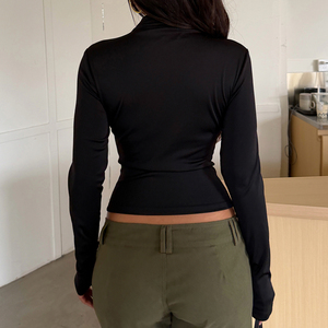 Women's Black <b>Stand</b> Collar Zip up Long Sleeve T-Shirt Eco-Friendly Button Cutout Club Style Fall New Sexy <b>Night</b> Out Top - Product Image 6