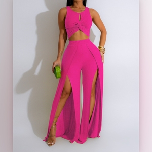 เสื้อกั๊กแขนกุดกางเกงขากว้างผ่าหน้าสำหรับผู้หญิงชุด2ชิ้นแฟชั่น - Product Image 3