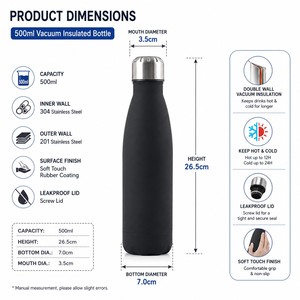 Flacon à vide isolé à double paroi en acier inoxydable à bouche étroite de 500ml bouteille d'eau de yoga de peinture en caoutchouc de sport personnalisée de 17oz vente en gros - Product Image 3