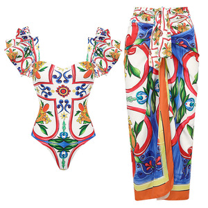 A8916 Trajes de falda de dos piezas con estampado de estilos bohemios para mujer Traje de baño ajustado de talla grande para mujer - Product Image 1