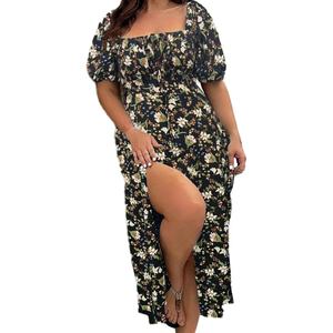 Robe personnalisable à col carré européen, manches courtes, grande taille, jupe longue fendue, imprimé personnalisé, adaptée à votre style - Product Image 1