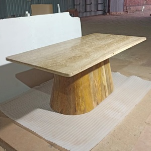 Table à manger rectangulaire moderne en bois massif avec piétement en bois grainé et plateau en travertin marbré, 4 places, mobilier de salle à manger, garantie 3 ans - Product Image 3