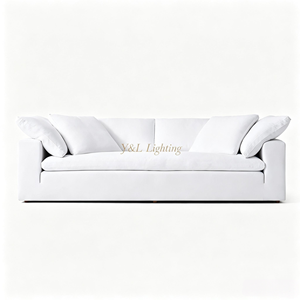 Canapé moderne deux places en lin blanc, avec accoudoirs carrés, assise profonde et rembourrage en duvet, mobilier de salon écologique - Product Image 1