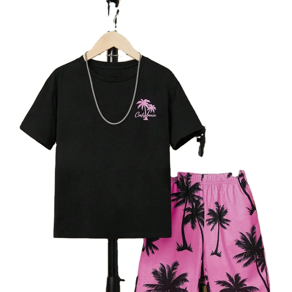 Boys' Coconut Tree Pattern Beach Style T Shirt And Shorts kids wear casual wear for unisex