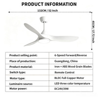 Ventilateur de plafond à moteur DC sans balais avec télécommande 2.4G, flux d'air élevé, moderne, silencieux, LED à 3 couleurs changeantes, 6 vitesses, intensité variable, 30-34dB