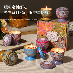 Bougie parfumée en boîte en métal, cire de soja, sans fumée, pour l'intérieur, série florale bohème, cadeau, forme ronde - Product Image 3