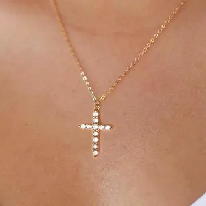 Benutzer definierte Kreuz Halsketten Einfache elegante vergoldete Zirkonia Sterling Silber Kreuz Halskette Frauen