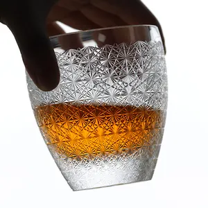 Barrel shape 8.5 oz Whiskey glass K9 crystal glass tumbler Japanese chrysanthemum design glass tumbler for gift wedding hotel