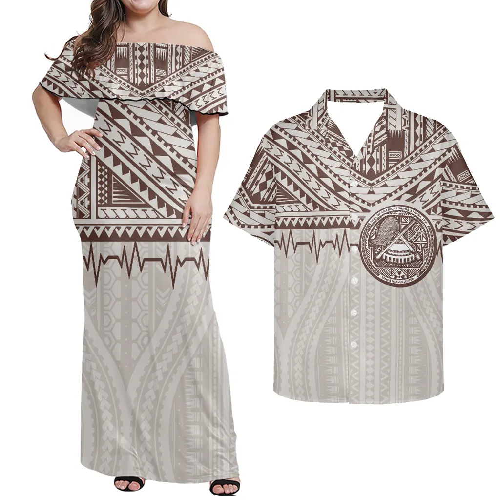 Sexy Evening Dresses Polynesian Tribal Couple Clothes Suits Women Off Shoulder Dress Matching Men Shirt for Party Wedding Wear