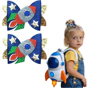 Pince à cheveux en tissu écologique pour enfants, motif fusée spatiale, avec nœud double couche étoile et embout bec de canard, pour fêtes décontractées - Product Image 1
