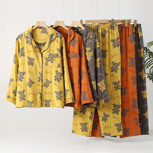 Pigiama da <span class=keywords><strong>Donna</strong></span> Nuovo in Raso Jacquard di Puro Cotone Tinto in Filo a Doppio Strato Maniche Lunghe Stile <span class=keywords><strong>Retrò</strong></span> con Scollo a V <span class=keywords><strong>Abbigliamento</strong></span> da Casa Primavera Estate - Product Image 1