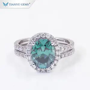 Tianyu gemas personalizado 14k anillo de oro blanco de 18k 7*9mm oval vieja mina azul anillo de compromiso de halo, anillo