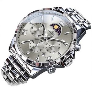 Montre à quartz multifonctionnelle pour homme 3653, chronographe 30M, bracelet en acier inoxydable, boîtier rectangulaire de luxe, emballée en carton, avec affichage de la phase de lune - Product Image 1