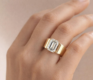 Emerald Cut Lab <b>Diamond</b> <b>Ring</b>, Wide Gold Band, Statement Wedding <b>Ring</b> (IGI Certified) - Product Image 5