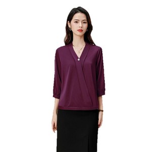 Maroon Chiffon Blouse Three Quarter Sleeve V Neck Korean Style Office Wear Women's Top Midi Skirt Set Simple Fashion - Product Image 5
