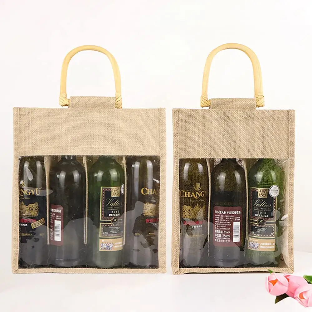 Offre Spéciale emballage cadeau noël vacances décoration fenêtre transparente avec poignée en rotin fourre-tout vin sac en jute