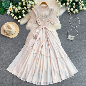 <span class=keywords><strong>Abito</strong></span> Estivo Elegante <span class=keywords><strong>Verde</strong></span> da Donna, Manica Corta, Collo Tondo con Perline, Vestito <span class=keywords><strong>Midi</strong></span> Plissettato a Trapezio con Fiocco in Vita - Product Image 3
