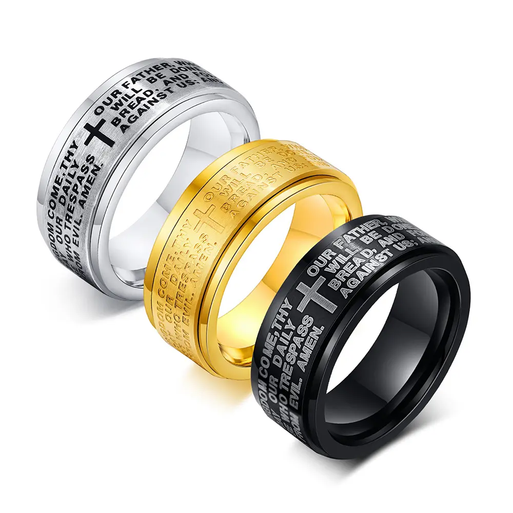 Fine jewelry anillos christian custom spinning rings cross design spinner ring stainless steel gold plated engraved men rings