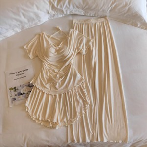 Pyjama en modal pour femme, ensemble short à manches courtes et pantalon long, fin, doux, avec soutien-gorge intégré, tenue d'intérieur - Product Image 1
