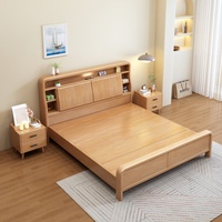 Lit double minimaliste contemporain nordique en bois massif de caoutchouc, taille Queen/King, avec cadre de lit à pression d'air et grand rangement, écologique