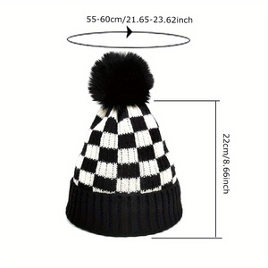 Women Autumn Winter Checkerboard Patterned Woolen Ball Knitted Hat Custom Warm Soft Ear Protection Winter Cap <strong>Pom</strong> <strong>Pom</strong> <strong>Beanie</strong> - Product Image 3