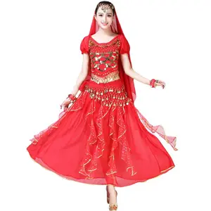 पेट नृत्य के कपड़े मंच की पोशाक, लघु आस्तीन अनुक्रमित स्कर्ट सूट शो स्टेज प्रदर्शन पोशाक भारतीय नृत्य थीम पोशाक