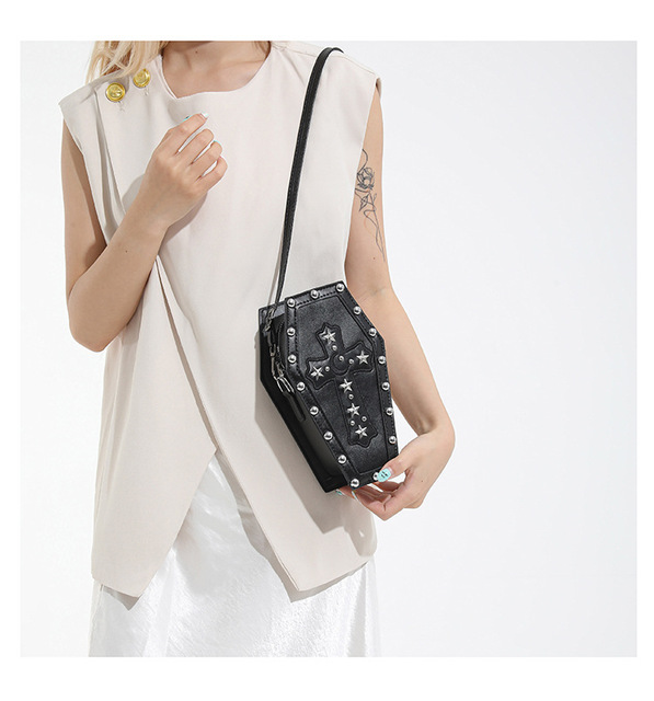 Gothic Style Halloween Custom Coffin Shaped Pu Leather Mobile Phone Purse Vintage Women Cross Rivet Crossbody Handbag