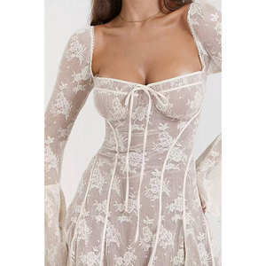 Mode sexy personnalisée Doublure en dentelle Robe pour femmes transfrontalière Manches évasées Col trapèze Tempérament de la mode Mini robe mince - Product Image 4