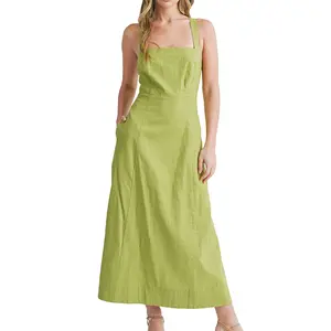 Toptan Trend kare boyun kolsuz Strappy destekli keten ve pamuk A-Line Midi kadınlar rahat uzun elbiseler