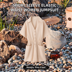 Summer Solid Breathable Turn <b>Down</b> Collar Short Sleeve Buttons up Elastic Waist Casual Fashion Women One Piece Jumpsuit - Product Image 2